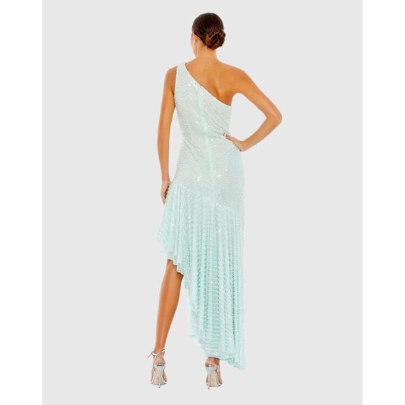 MAC DUGGAL Size 10 Green 93741 ONE SHOULDER Pearl Sequin Midi GOWN Formal Dress - Picture 3 of 11